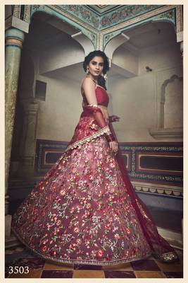 Red Zari And Thread Embroidered Net Semi Stitched Wedding Lehenga 3