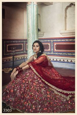 Red Zari And Thread Embroidered Net Semi Stitched Wedding Lehenga 4