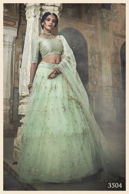 SEA-GREEN ZARI AND SEQUINS EMBROIDERED NET SEMI STITCHED LEHENGA 1