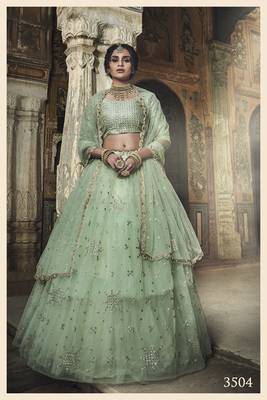 SEA-GREEN ZARI AND SEQUINS EMBROIDERED NET SEMI STITCHED LEHENGA 2