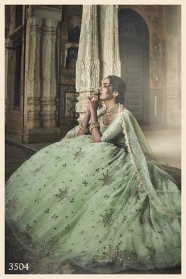 SEA-GREEN ZARI AND SEQUINS EMBROIDERED NET SEMI STITCHED LEHENGA 3