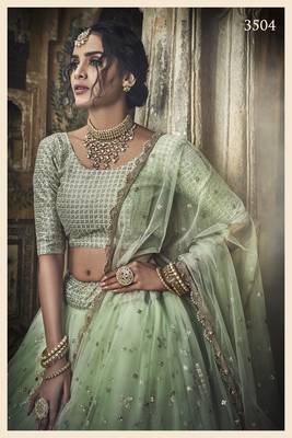 SEA-GREEN ZARI AND SEQUINS EMBROIDERED NET SEMI STITCHED LEHENGA 4