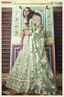 SEA GREEN THREAD EMBROIDERED NET SEMI STITCHED BRIDAL LEHENGA 1