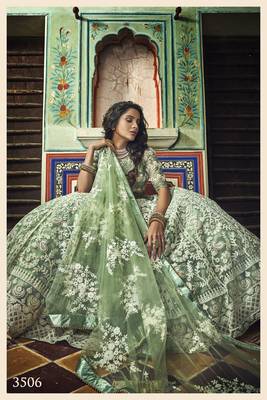 SEA GREEN THREAD EMBROIDERED NET SEMI STITCHED BRIDAL LEHENGA 3