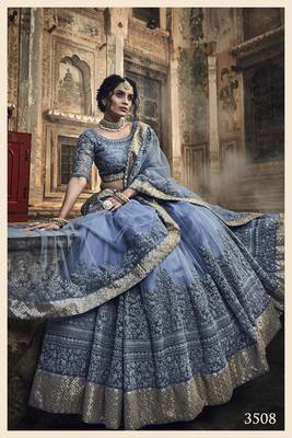 GLORIOUS GREY ZARKAN AND DORI EMBROIDERED NET SEMI STITCHED BRIDAL LEHENGA 2