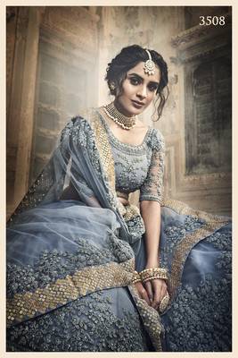 GLORIOUS GREY ZARKAN AND DORI EMBROIDERED NET SEMI STITCHED BRIDAL LEHENGA 3
