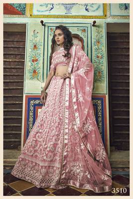Peach embroidered net unstitched lehenga 1