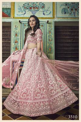 Peach embroidered net unstitched lehenga 2