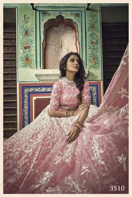 Peach embroidered net unstitched lehenga 3