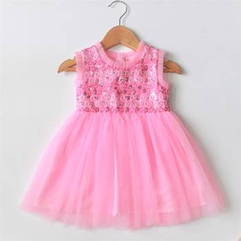 Pink plain net kids-frocks 1