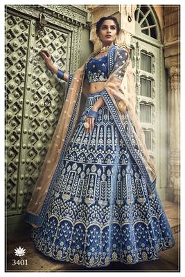 BLUE COLORED PURE GOTA, THREAD, ZARI, HEAVY EMBROIDERED VELVET SEMI STITCHED BRIDAL LEHENGA 1