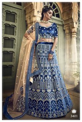 BLUE COLORED PURE GOTA, THREAD, ZARI, HEAVY EMBROIDERED VELVET SEMI STITCHED BRIDAL LEHENGA 2