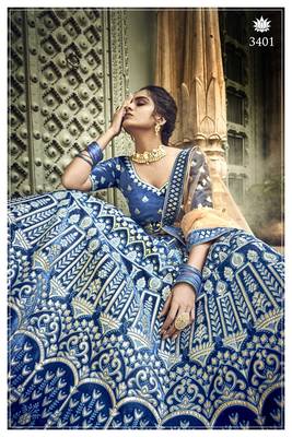 BLUE COLORED PURE GOTA, THREAD, ZARI, HEAVY EMBROIDERED VELVET SEMI STITCHED BRIDAL LEHENGA 3