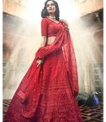 Red embroidered net unstitched lehenga