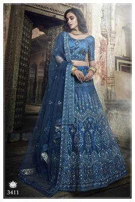 Blue embroidered art silk unstitched lehenga 1