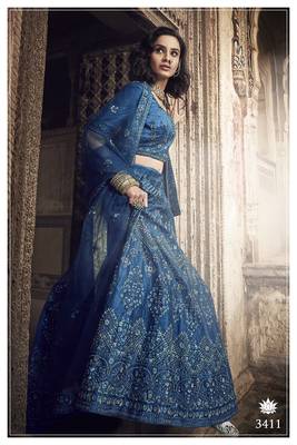 Blue embroidered art silk unstitched lehenga 2