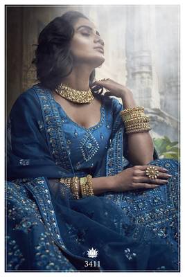 Blue embroidered art silk unstitched lehenga 3
