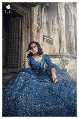 Blue embroidered art silk unstitched lehenga 4