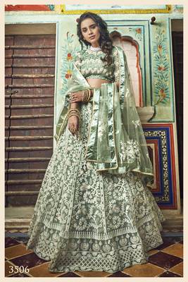 SEA GREEN THREAD EMBROIDERED NET SEMI STITCHED BRIDAL LEHENGA 2