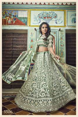 SEA GREEN THREAD EMBROIDERED NET SEMI STITCHED BRIDAL LEHENGA 4