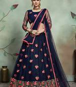 Navy-blue embroidered net semi stitched lehenga