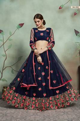 Navy-blue embroidered net semi stitched lehenga 2