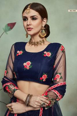 Navy-blue embroidered net semi stitched lehenga 3