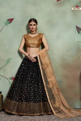 Black embroidered net semi stitched lehenga 2