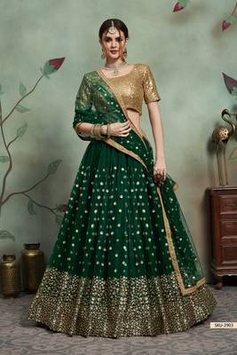 Green embroidered net semi stitched lehenga 2