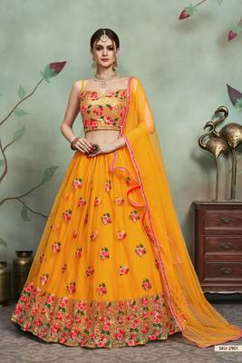 Mustard embroidered net semi stitched lehenga 1