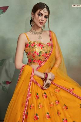 Mustard embroidered net semi stitched lehenga 2