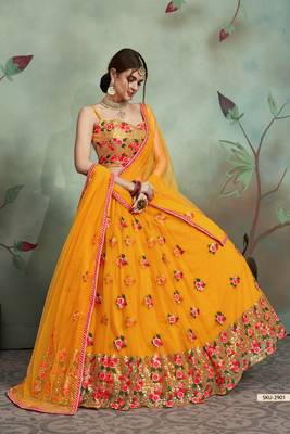Mustard embroidered net semi stitched lehenga 3