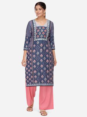 Navy Blue & Pink Colored Printed Kurta Set 1