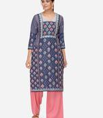 Navy Blue & Pink Colored Printed Kurta Set