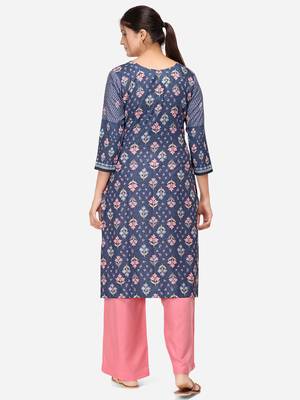 Navy Blue & Pink Colored Printed Kurta Set 2
