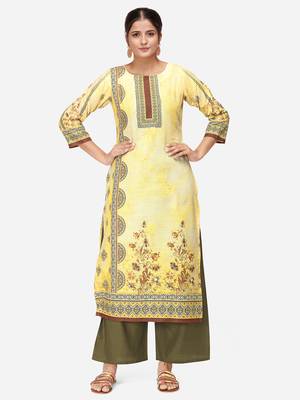 Yellow & Olive Green Colored Printed Kurta Set 1