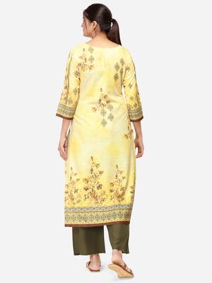 Yellow & Olive Green Colored Printed Kurta Set 2