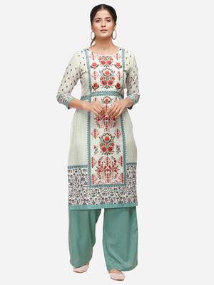 White & Teal Colored Printed Kurta Set 1