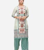 White & Teal Colored Printed Kurta Set