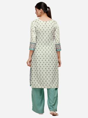 White & Teal Colored Printed Kurta Set 2