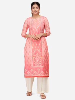 Peach & Off White Colored Printed Kurta Set 1