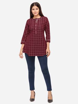 Maroon Color Cotton Embroidered Kurti 1