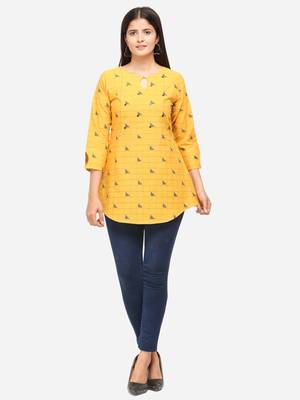 Mustard Color Cotton Embroidered Kurti 1