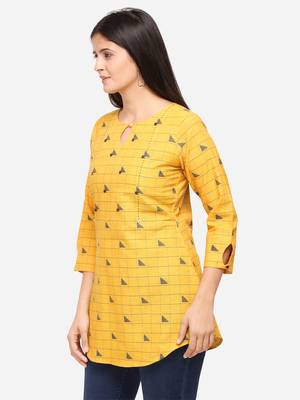 Mustard Color Cotton Embroidered Kurti 3
