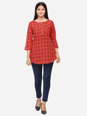 Red Color Cotton Embroidered Kurti 1