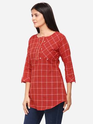 Red Color Cotton Embroidered Kurti 3