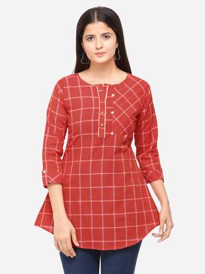 Red Color Cotton Embroidered Kurti 4