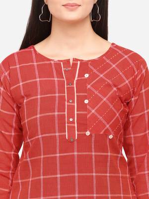 Red Color Cotton Embroidered Kurti 5