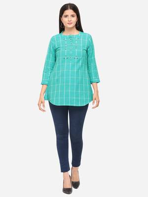 Sea Green Color Cotton Embroidered Kurti 1