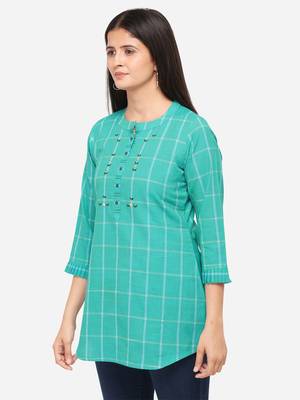 Sea Green Color Cotton Embroidered Kurti 3